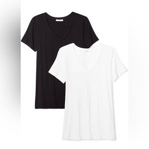 2 Pack (Black & White) Women's Jersey Standard-Fit Short-Sleeve V-Neck T-Shirt